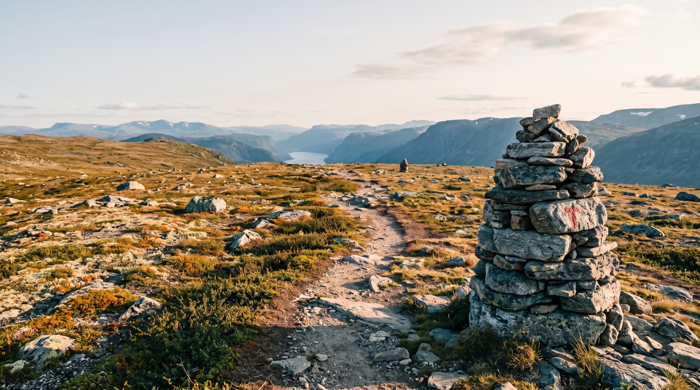 Sti over norsk fjellterreng, markert med steinvarder